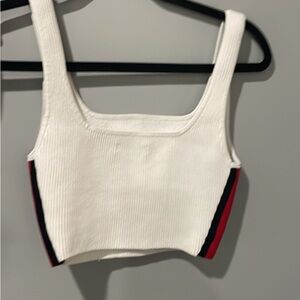 Babaton White Ribbed Crop Top with Red and Black Stripes
